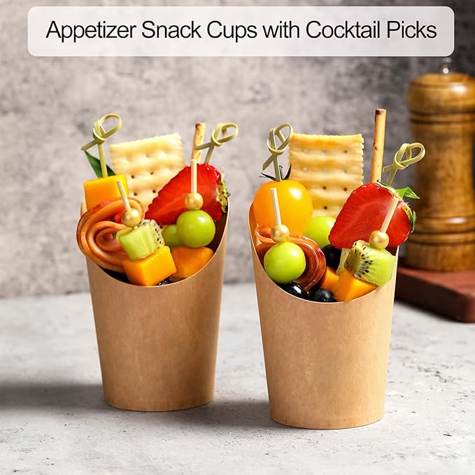 Disposable Charcuterie Cups 60 PCS with 200PCS Sticks and 60PCS Bags, 14 oz Kraft Paper Snack Boxes Appetizers Cup French Fry Holder with Cocktail Skewers Toothpicks Tooth Picks, Brown