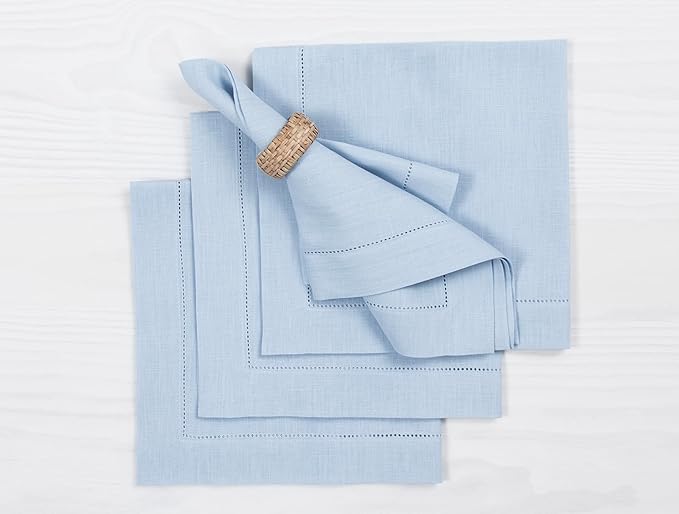 Solino Home Sky Blue Linen Napkins Set of 4-100% Pure Linen Hemstitch Dinner Napkins 20 x 20 Inch for Spring, Easter - Classic Hemstitch