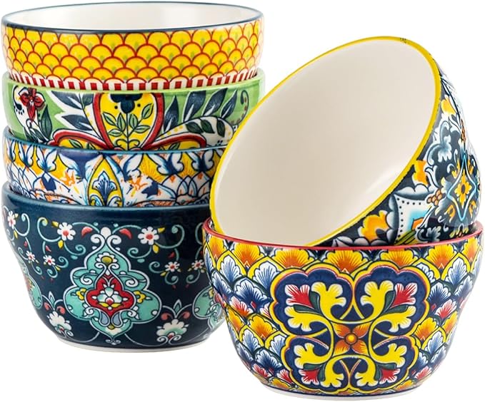 HENXFEN LEAD Bouillon Cups 8 Oz, Small Bowls for Dessert, Yogurt, Dips, Ice Cream, Dipping Sauce Bowls Set of 6, Microwave & Dishwasher Safe – Bohemian Style