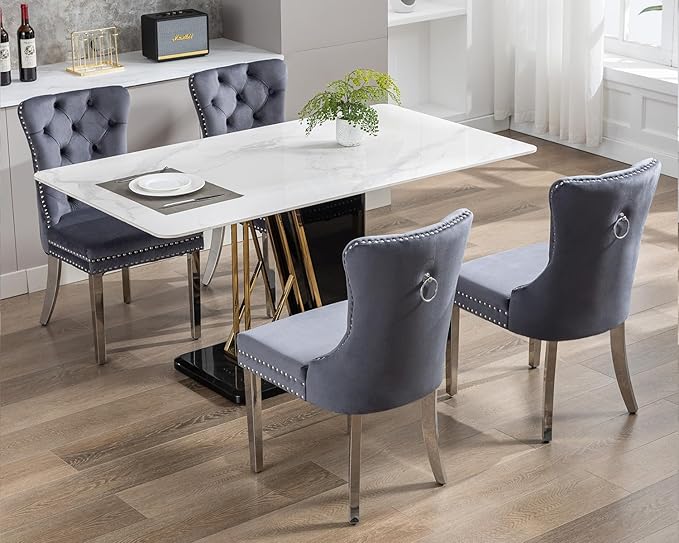 KCC Velvet Dining Chairs Set of 2, Upholstered High-end Tufted Dining Room Chair with Nailhead Back Ring Pull Trim Stainless Steel Legs, Contemporary Nikki Collection Modern Style for Kitchen, Gray