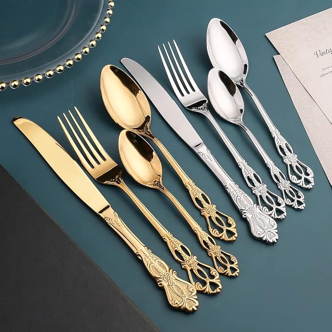 Gold Silverware Set for 10 Stainless Steel Flatware Set Palace Style Hollow Relief Decoration 40 Piece Cutlery Utensils Include Knives Forks and Spoons Tableware Set for Home Kitchen Restaurant Party