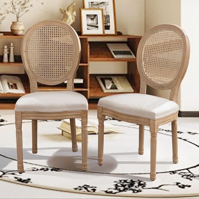 SoarFlash French Dining Chairs Set of 6, Vantage Dining Chair with Round Back, Farmhouse Country Rattan Dining Chair for Kitchen,Bedroom,Beige