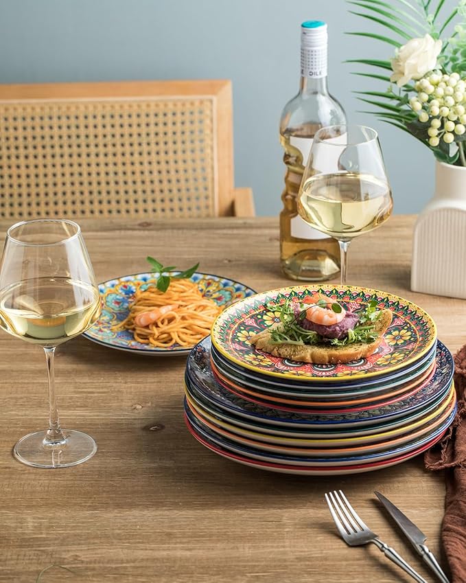 Dinner Plate Set of 6, 10.5-inch Large Plate for Dessert, Pasta, Salad, Ceramic Bohemian Dishes for Kitchen Microwave Dishwasher Safe