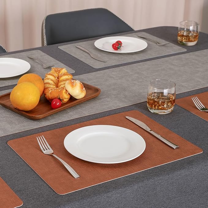 Myir JUN Reversible Vinyl Placemats Set of 8, Faux Leather Place Mats Dual Sided Waterproof Wipeable, Heat-Resistant Table Mats for Kitchen Dining Indoor Outdoor (12" x 17", Light Gray Reddish Brown)