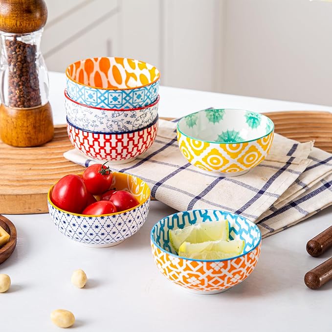 Ceramic Dipping Bowls Set - Mini 4 Oz Dessert Bowls - Small 3.5 Inch Porcelain Bowls for Side Dishes, Snack, Yogurt, Appetizer - Microwave Dishwasher Safe - Set of 6 - Assorted Colors