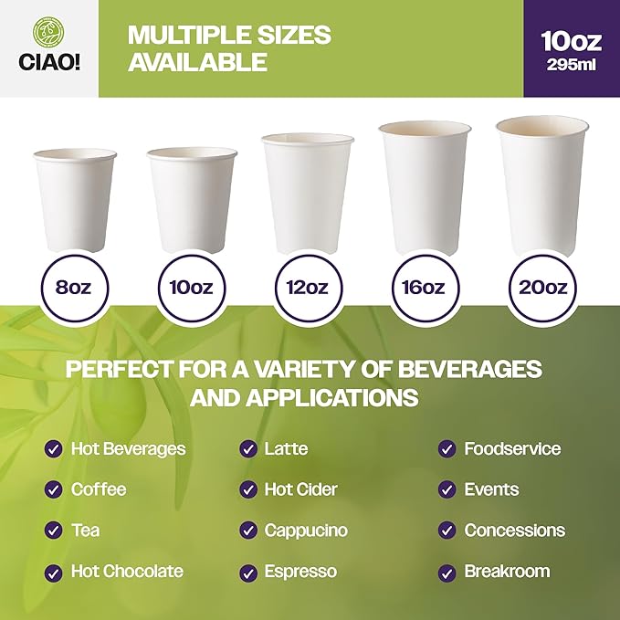 CIAO! 10oz White Paper Hot Cup, Disposable, 90mm Diameter 1,000 Count