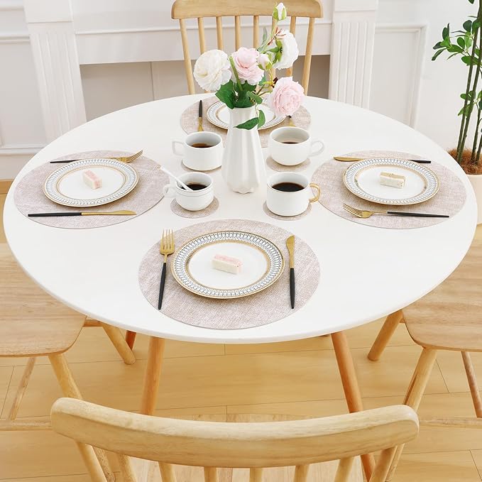 Homaxy Round Faux Leather Placemats and Coasters, Washable Dual-Side Table Mats, Wipeable Heat-Resistant Dining Place Mats for Outdoor and Indoor, Set of 6, Diameter 13 and 3.93 inch, Beige