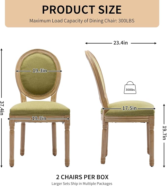 Vintage French Dining Chairs Set of 6, Round Back Upholstered Accent Chairs in Linen Fabric with Solid Wood Frame, Farmhouse Sillas de Comedor for Dining Room & Kitchen, Olive Green