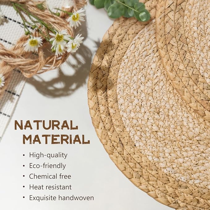 13 in Woven Placemats Plate Chargers Set of 12, Boho Farmhouse Rustic Round Place Mats for Dining Table Decor, Rattan Wicker Table Mats Chargers for Dinner Plates