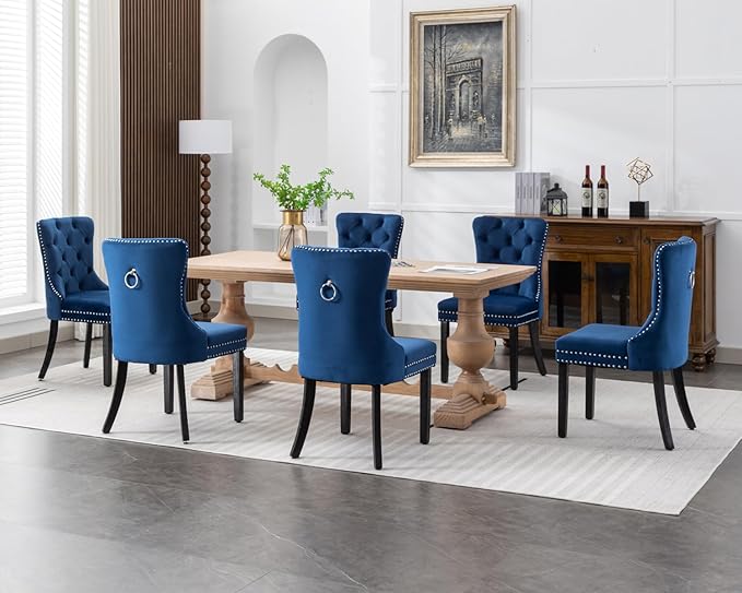 KCC Velvet Dining Chairs Set of 6, Upholstered High-end Tufted Dining Room Chair with Nailhead Back Ring Pull Trim Solid Wood Legs, Nikki Collection Modern Style for Kitchen, Blue