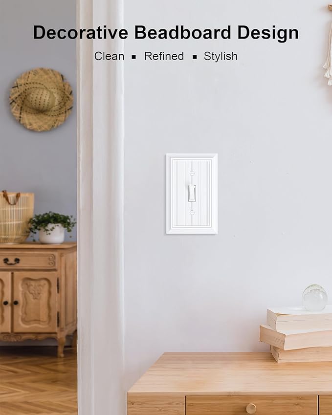 6-Pack Classic Beadboard Single Toggle Light Switch Cover Plate, Durable Natural Bamboo Fiber Decorative Switch Plate Covers, Pure White 1 Gang Wall Plate