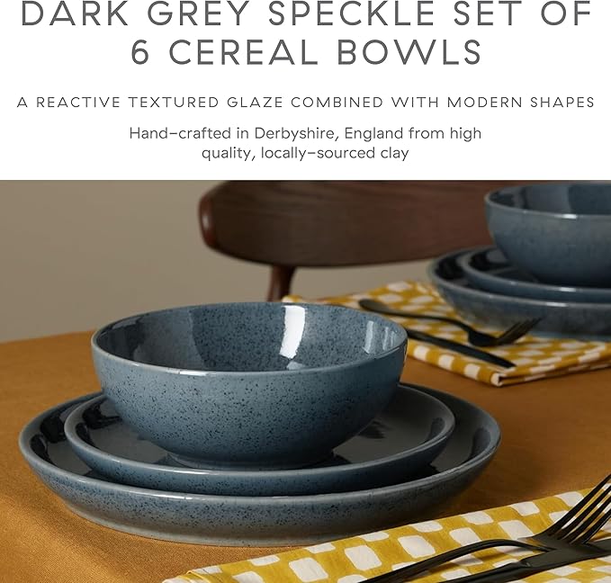 Denby - Dark Gray Speckle Cereal Bowls Set of 6-27.7oz Dishwasher, Microwave Safe - Scratch Chip Resistant - Reactive Gray Glaze, Ceramic Stoneware - Tableware for Oats, Cereal, Desserts