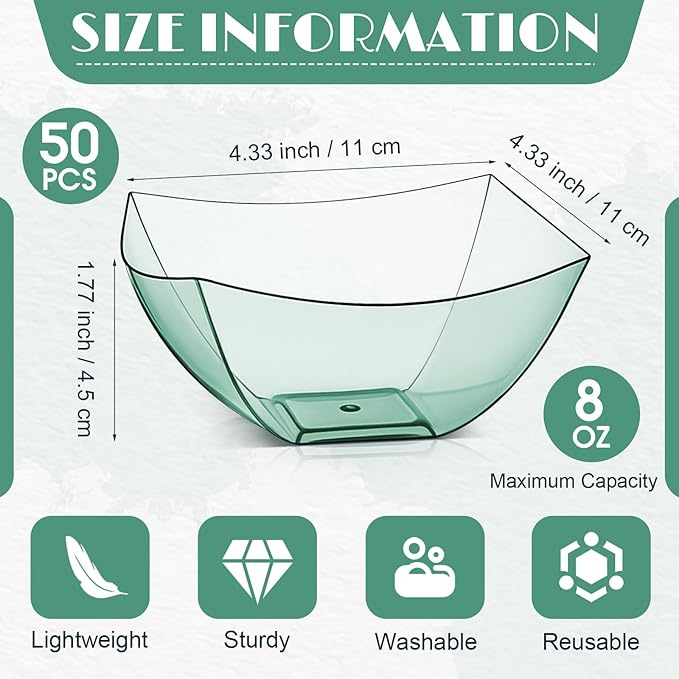 Tanlade 50 Pcs Square Plastic Serving Bowls Disposable Snack Salad Bowl Small Party Candy Bar Containers Taco Bar Serving Dishes for Buffet Chips Fruit(8 oz,Green)