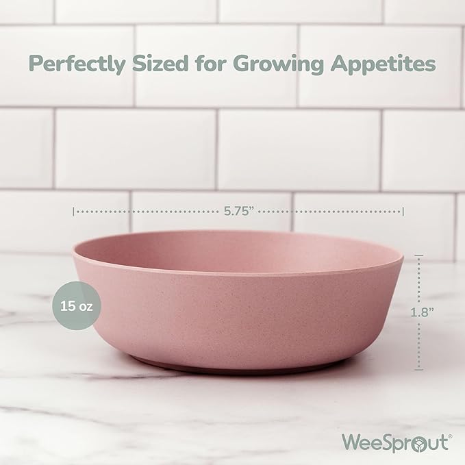 WeeSprout Bamboo Kids Bowls, Set of Four 15 oz Kid-Sized Dinnerware, Cereal, Leftovers & Snack Bowl, Dishwasher Safe (Blue, Green, Gray, & Beige)