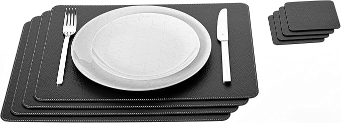 Nikalaz Set of Small Black 4 Placemats and 4 Coasters Made of Recycled Leather, Place Mats (15.7'' x 11.8'' and Coasters 3.9'' x 3.9'', Black)