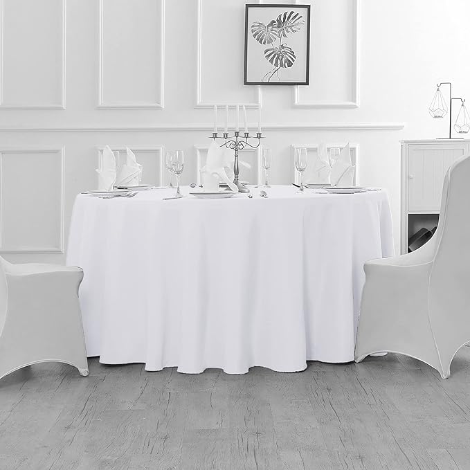Fokitut 12 Pack Waterproof Round Tablecloth, 120 Inch, Stain Resistant and Wrinkle Polyester Table Cloth, Fabric Table Cover for Kitchen Dining, Wedding, Party, Holiday Dinner-White