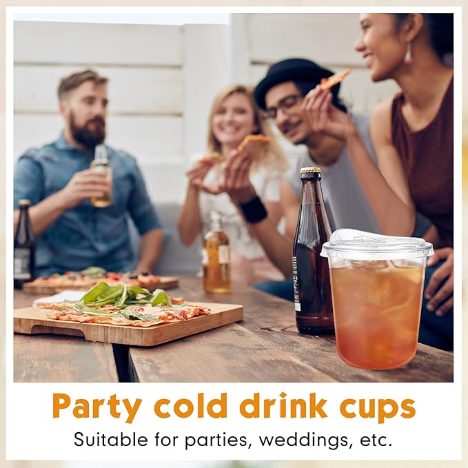 100 Sets Clear Plastic Cups with Strawless Sip Lids, Thickened Clear Disposable Plastic PET Crystal Cups for Iced Coffee, Smoothie, Cold Beverage, Drink Shops and Party Catering (14 oz)