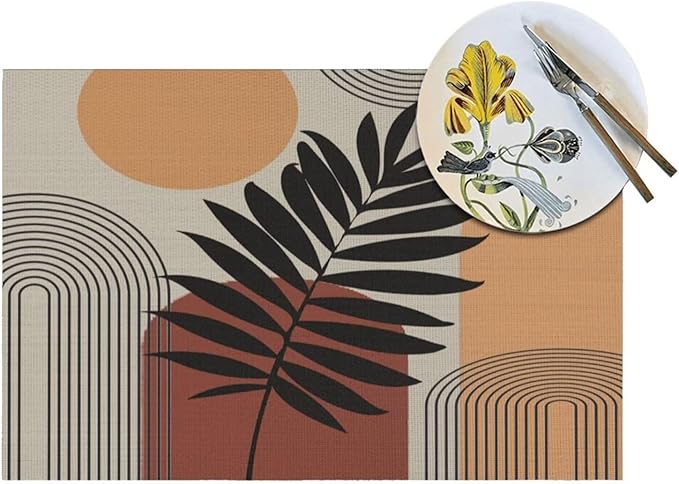 Art Boho Mid Century Placemats, Sun Brown Leaves Rainbow Color Blocks Modern Washable Place Mats 12x18Inch for Dining Kitchen Farmhouse Decor 6 PCS