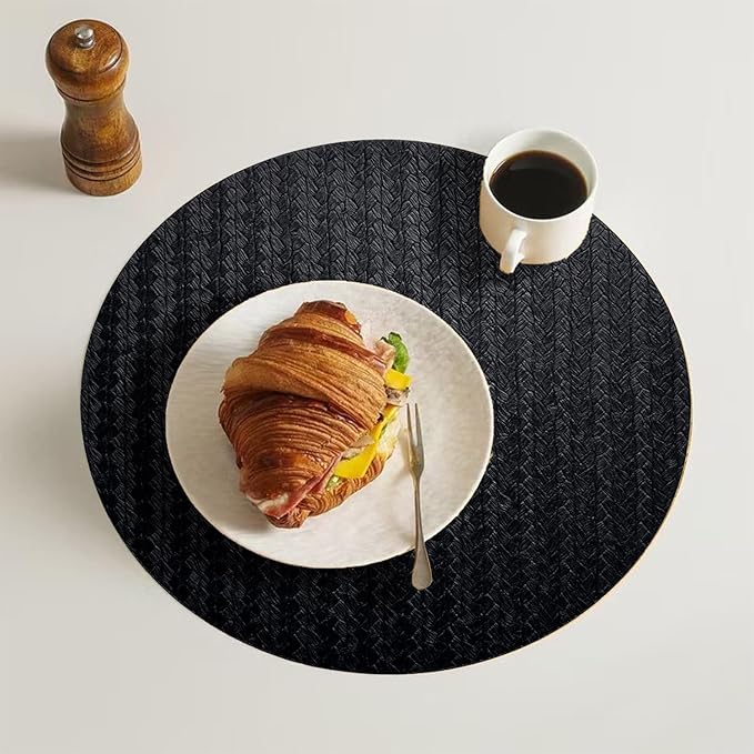 PIGCHCY Round 15" Water-Resistant Placemats Set of 6, Premium Faux Leather Placemats PVC Easy Clean Table Mats for Hotels Outdoor Dining, Wedding Decor (Black)
