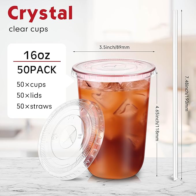 50 Sets Clear Plastic Cups with Lids and Straws, Disposable Iced Coffee Cups Drinking PET for Cold Drinks, Juice, Smoothie, Coffee Shops, Party, Christmas(Pink,16 oz)