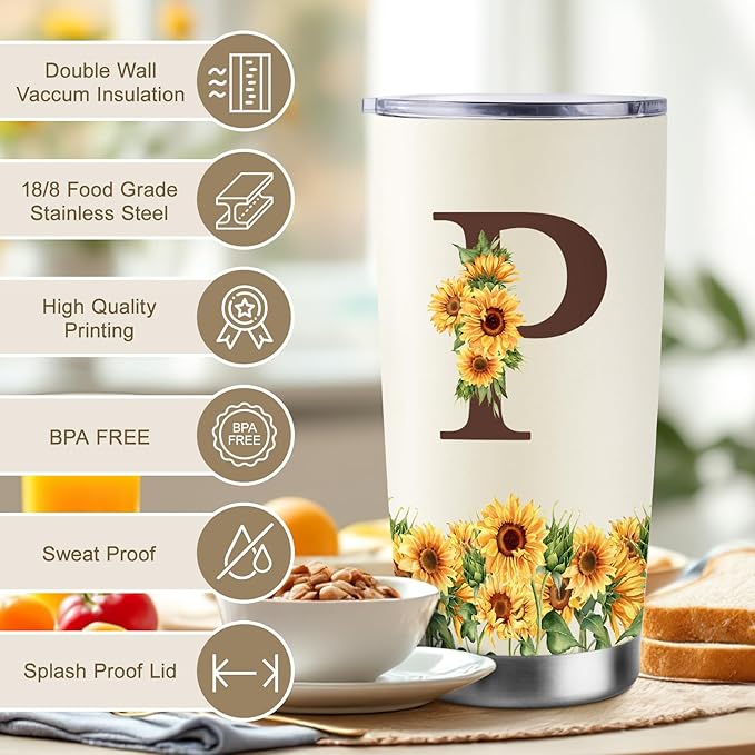 Sunflower Gifts for Women - Personalized Christmas Gifts for Women - Birthday Gift for Woman - Mothers Day Gift for Mom - Monogrammed, Initial 20oz Travel Cup Insulated Tumbler with Lid, P