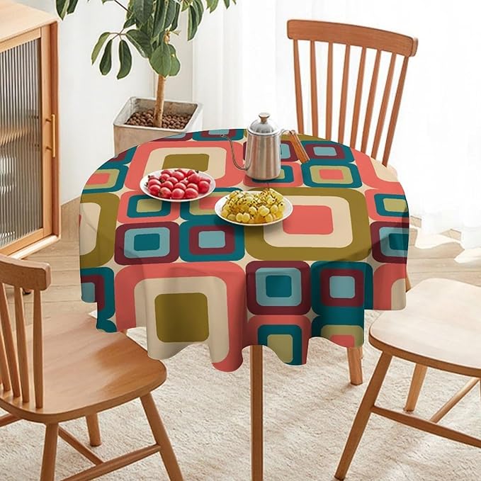Abstract Geometric Round Tablecloth, Mid Century Modern Middle Century Abstract Patterns Print Tablecloth for Home Party Dining Room Kitchen Decor 50Inch(127cm)