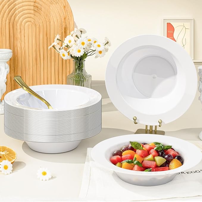 BESTVIP 200PCS White Plastic Bowls, 12 Oz Disposable Bowls Disposable Bowls for Christmas, Parties, Wedding, Soak Proof Bowls for Breakfast, Lunch, and Dinner Meals