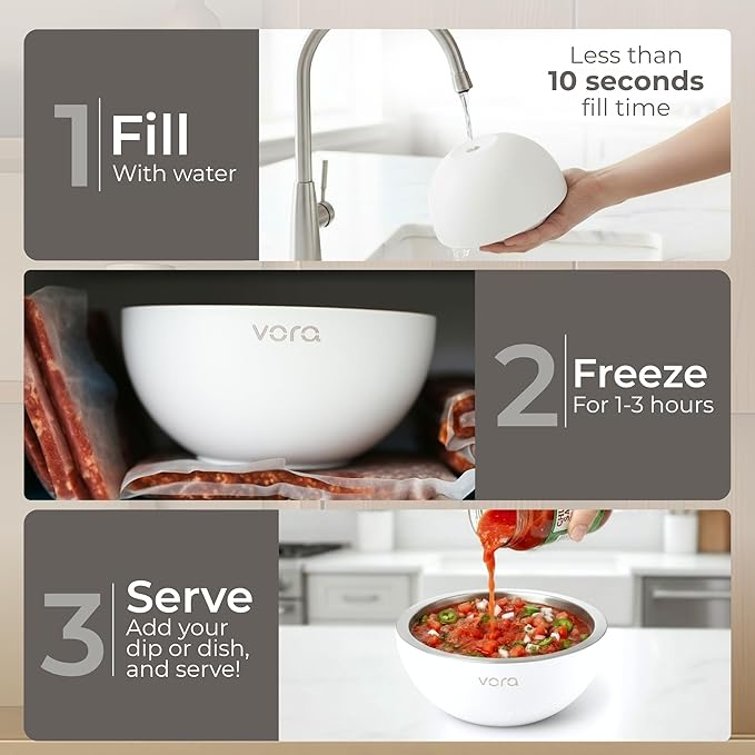 Vora 18oz Dip Chiller Bowl | Bright White Stainless Steel Chilled Dip Bowl for Dips, Guacamole, Hummus, Salsa | Insulated Serving Dishes with Easiest Water Fill & Refillable Chamber
