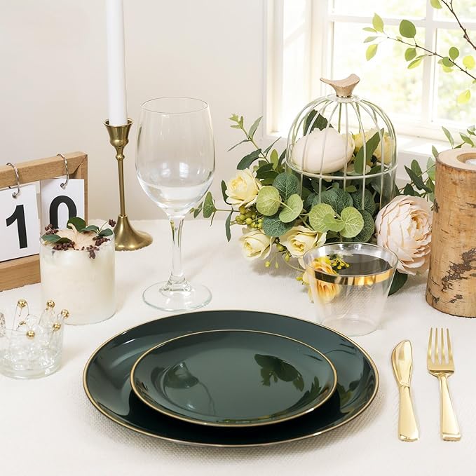 WDF 150Pcs Green Plastic Plates - Green Plates Disposable with Gold Rim - 25Guest Disposable Dinnerware Include 50 Plastic Plate, 75 Gold Cutlery & 25 9oz Cups for St. Patrick's Day