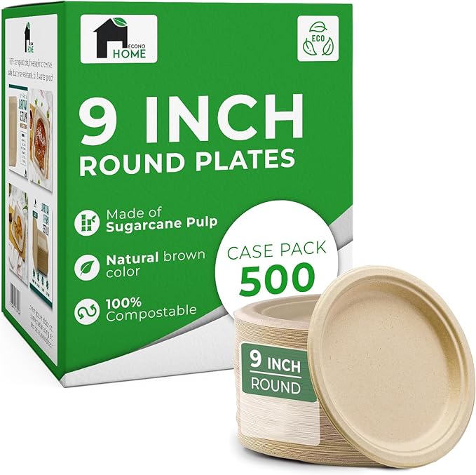 EconoHome 9 Inch Compostable Paper Plates - Eco-Conscious Disposable Plates Made of Bagasse or Sugarcane Fiber - Microwave, Refrigerator-Safe - Heavy Duty Paper Plates for Dinner - Case of 500