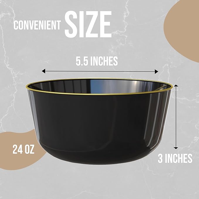 Trendables Plastic Bowls Disposable Bowls 24 Oz Bowl Set Of 50 Black Gold Rimmed Fancy Plastic Serving Dishes Perfect for Parties and Events Disposable Candy Bowl