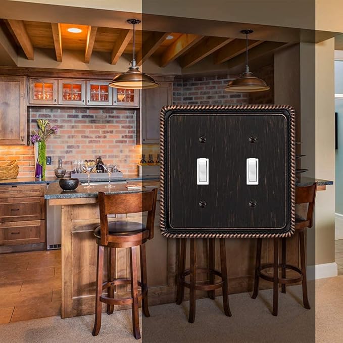 Henne Bery Rope Edge Decorative Wall Plate Switch Plate Outlet Cover (Double Toggle, Aged Bronze)
