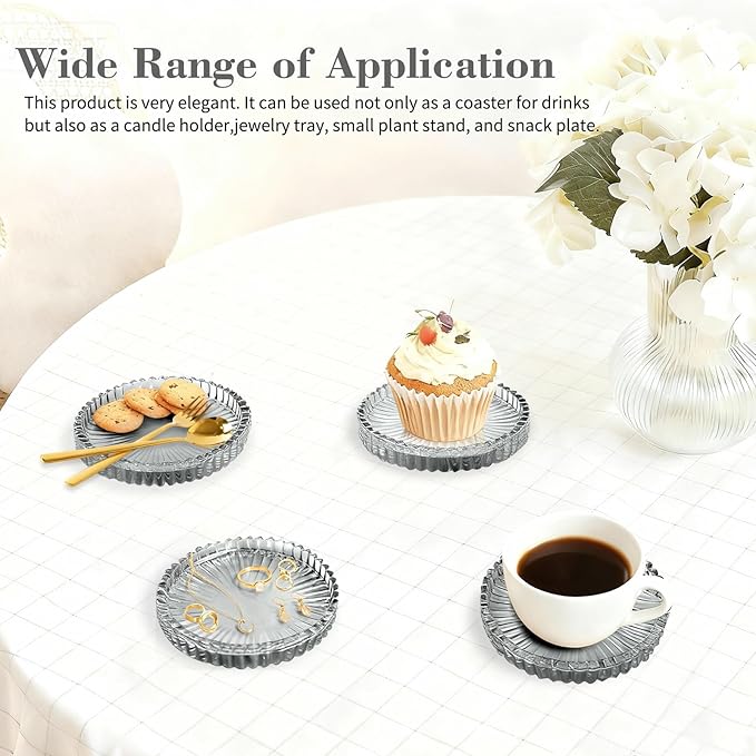 4-Piece Glass Set for Drinks, Round Modern Coasters with Raised Edge Lip, Decorative & Aesthetic for Dining Table, Living Room, Office Desk