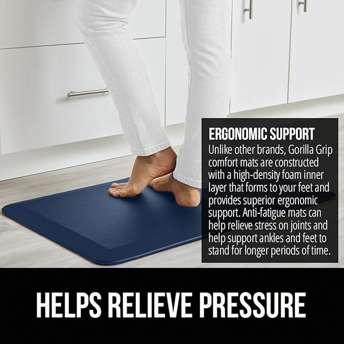 GORILLA GRIP Comfortable Cushioned Kitchen Mats for Floor, Waterproof and Stain Resistant Soft Top, 3/4 Inch Thick Ergonomic Standing Desk Anti Fatigue Mat, Foam Supports Ankles and Feet, 17x24, Navy