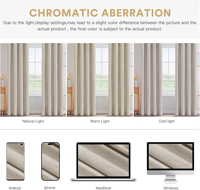 PrinceDeco 100% Blackout Linen Curtains 96 Inch Long Nature Burlap Fabric Black Out Curtains for Nursery,Heat & Light Blocking 2 Panels Set Grommet Window Drapes,Heathered Linen