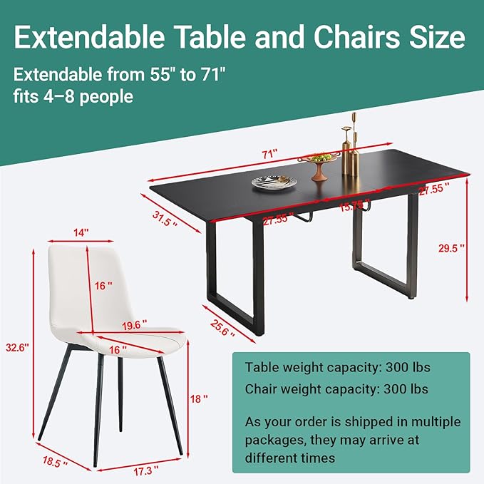 Extendable Dining Table Set for 8, 55"–71" Modern Black Kitchen Table with 8 Upholstered Chairs, Space-Saving for Living Room Apartment, Sturdy & Comfortable, Easy Assembly