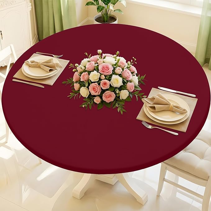 Round Spandex Tablecloth, Elastic Fitted Waterproof Tablecloths for 57"-68" Tables, Stretch Washable Picnic Table Cover for Camping, Dining, Indoor and Outdoor, Wine Red