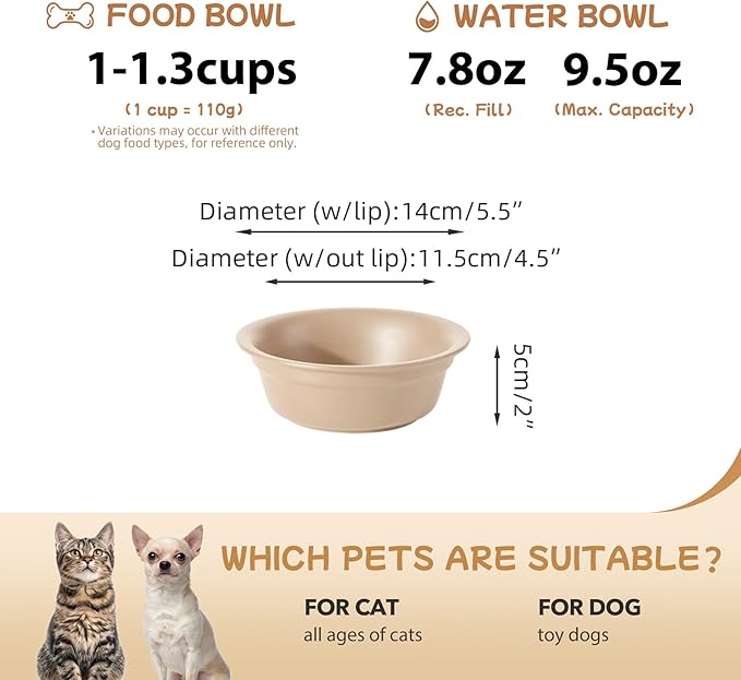 Ceramic 5.5inch Set of 2 Dog and Cat Bowls, 2pcs Basic 1 Cup Food or 9.5 oz Water Dishes for Puppy, Kitty, Wide Opening Rounded Edge (2 Bowls, Oat Beige)