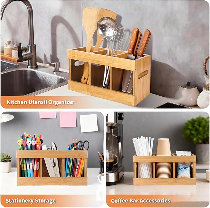 Kitchen Utensil Holder for Countertop Bamboo Large Cooking Utensil Holder Silverware Caddy Organizer with 6 Removeable Compartments for Party Home Farmhouse