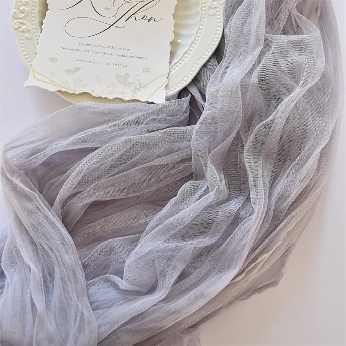 Joanlody Light Gray Cheesecloth Table Runner Spring Easter 10Ft Rustic Gauze Boho Cheese Cloth Table Runner for Wedding Bridal Baby Shower Decoration 4 Pack