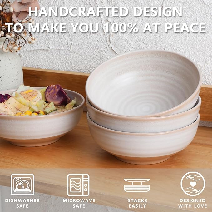 Handmade Ceramic Bowl Set of 4, 28oz - Ideal for Soup, Salad, Cereal, and Rice - Microwave Safe, Durable Clay Dishes - 6.3in