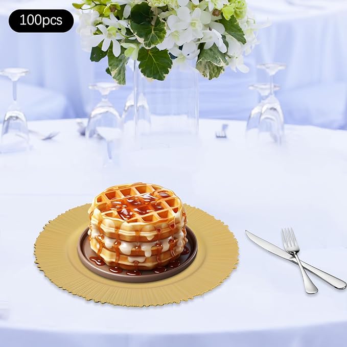 Charger Plates, 100pcs Floral Gold 13inch Plastic Dinner Plate, Round Plastic Dinner Plate with Delicate Texture for Parties Wedding (Floral Gold)