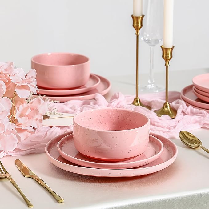 GZG Modern Art Series - 24 Pcs Speckled Stoneware Plates and Bowls Sets, Ceramic Dinnerware Set with Rustic Terracotta Underside, Microwave and Dishwasher Safe Handcrafted Dishes Set - Blush Pink