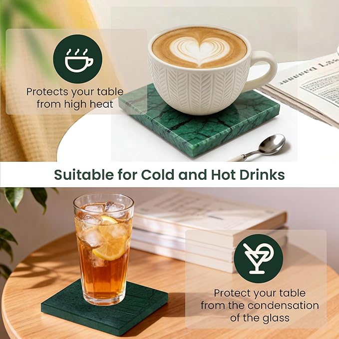 Natural Marble Coasters, Square Costers, Luxury Aesthetic Modern Decor for Coffee Table Bar Kitchen Home, Green Marble, Real Natural Semi Absorbent Stone Coasters
