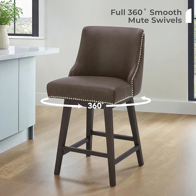 CHITA Counter Height Swivel Bar Stools, FSC Certified Upholstered Counter Stools, Modern Swivel Barstools with Wood Legs for Kitchen Island, 26" Seat Height, Faux Leather in Chocolate