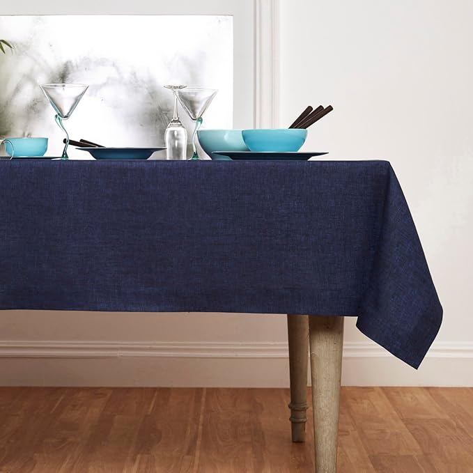 Solino Home Linen Tablecloth 60 x 156 Inch - 100% Pure Linen Chambray Navy Table Cloth for Rectangular Tables - Athena, Machine Washable Cloth Tablecloth for Winter, Spring