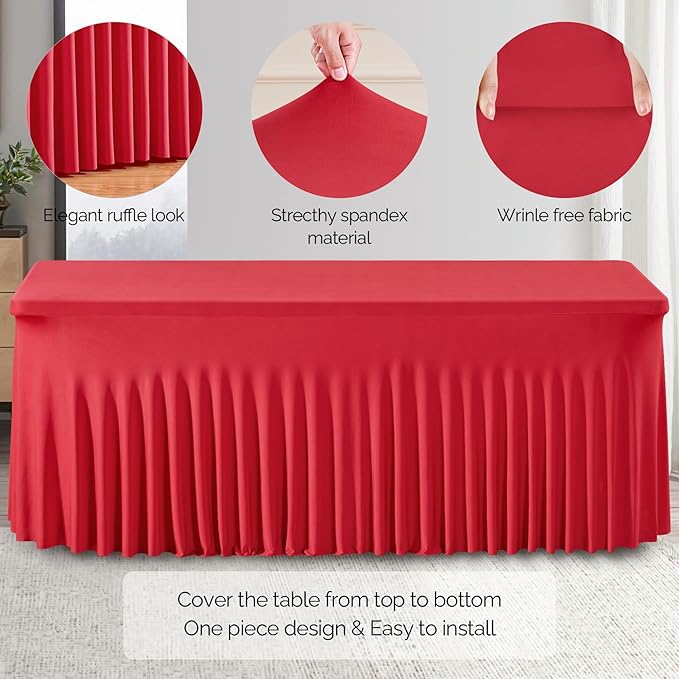 Wish Care 6 Pack Red Spandex Table Clothes for 8 Foot Rectangle Tables, 8FT Wrinkle Free Fitted Tablecloths Ruffles Design Table Cover for Party, Banquet, Wedding and Events