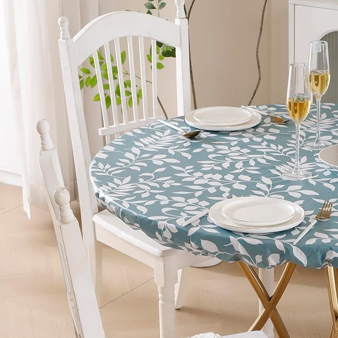 Walrus Round Vinyl Fitted Tablecloth with Flannel Backing Elastic Edge Design Table Cover Waterproof Oil-Proof PVC Table Cloth Stain-Resistant Best for 45"-56" Round
