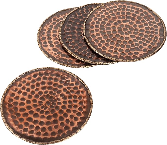 GoCraft Set of 4 Antique Copper Coasters – Handmade Hammered Copper with Padded Cork Protection, Coasters for Drinks, Beverages, Wine Glasses & Bar Glasses, Elegant Bar Décor, Durable & Stylish