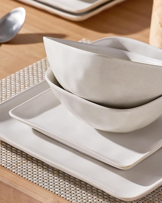 Famiware Dinnerware Sets for 6, Ocean Square 18-Piece Kitchen Plates and Bowls Sets, Microwave and Dishwasher Safe, Scratch Resistant, Matte White